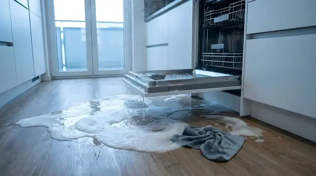 Dishwasher overflow spreading soapy water across a kitchen floor