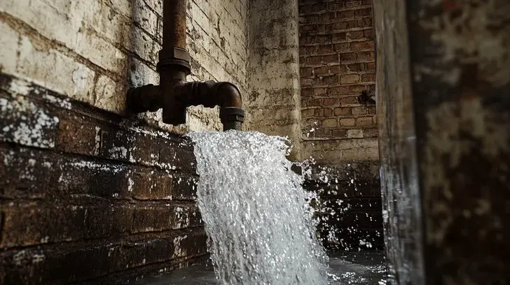 Water pouring from a failed pipe against a brick wall