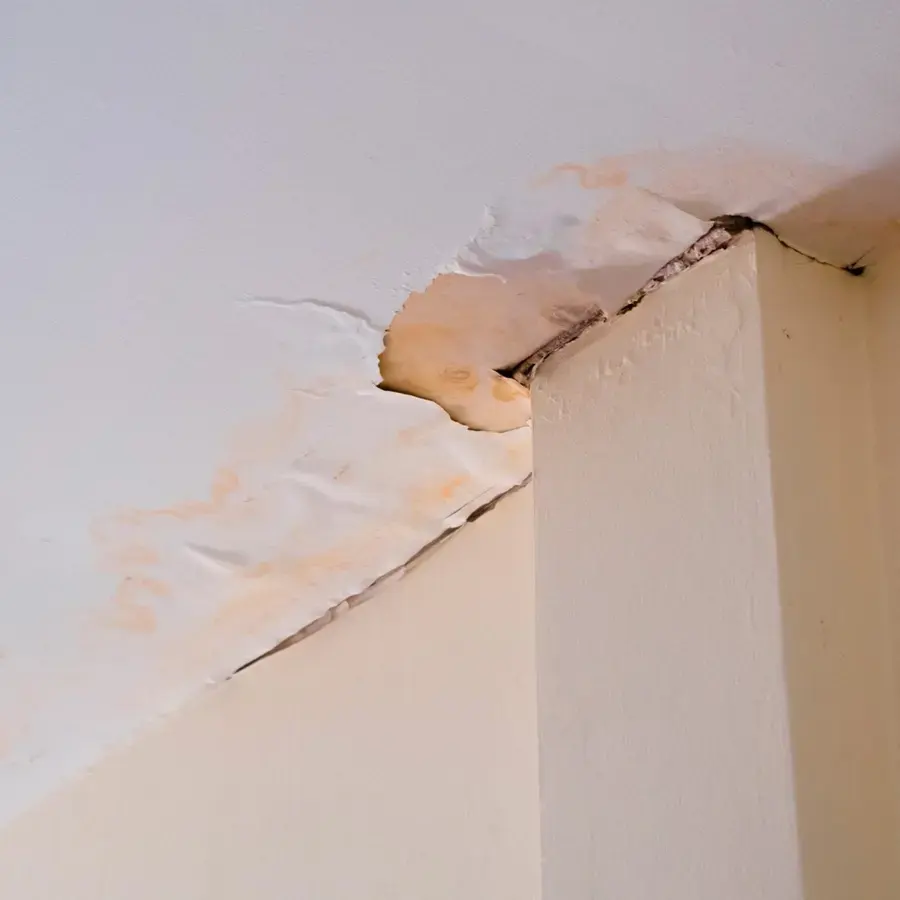 Water-stained ceiling drywall peeling and cracking at a corner after a ceiling leak