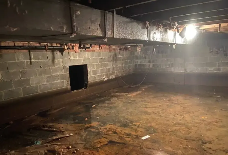 Standing water across the floor of a block-wall crawl space under a Matthews, NC home