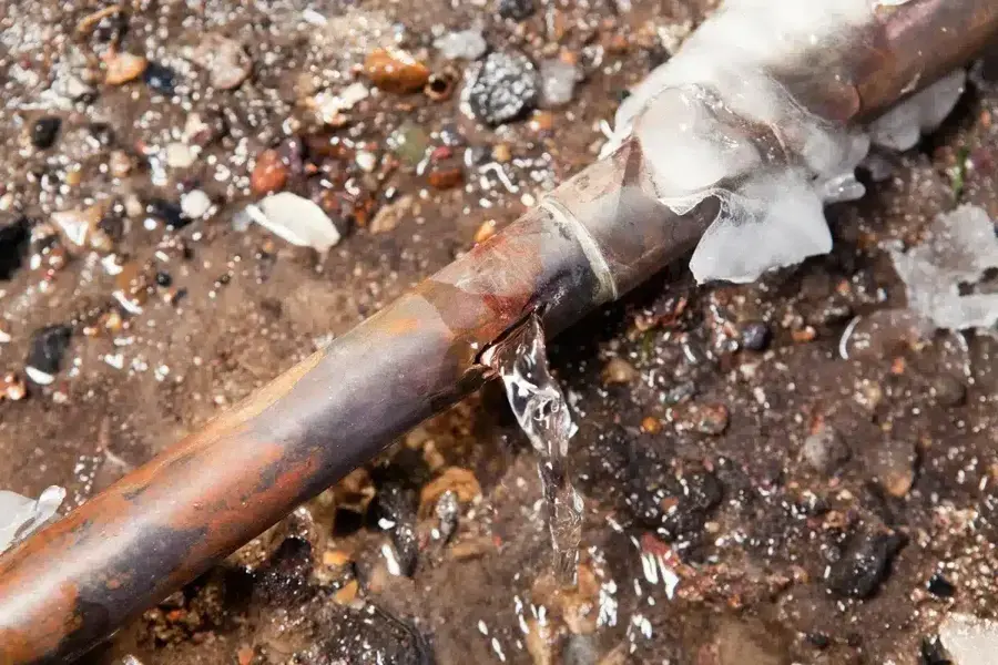 Ice-coated copper pipe split open and leaking after a hard freeze