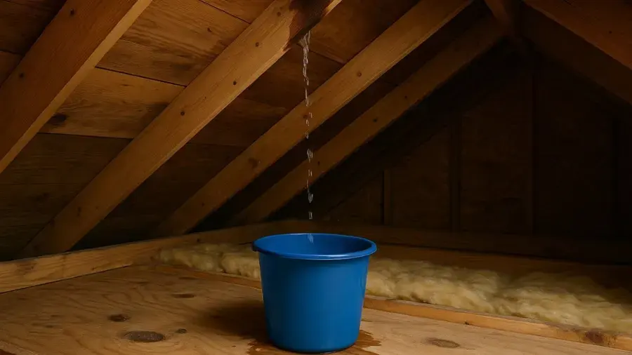 Water dripping from the roof decking into a bucket in an attic after a roof leak