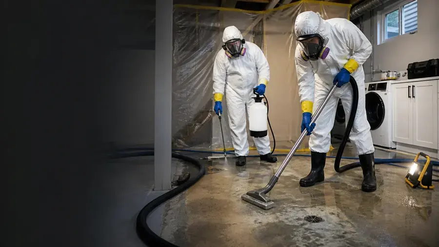 Cleanup workers in protective suits and respirators extracting a sewage backup from a lower level