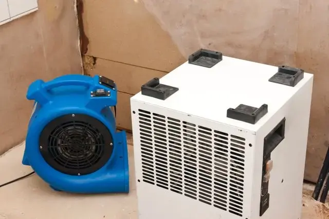 Air mover and dehumidifier set against a wet wall during structural drying